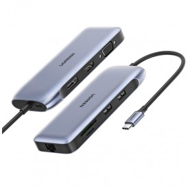 Ugreen multi-functional HUB 9in1 USB Type C - HDMI, DP, VGA, 2 x USB, RJ45 Ethernet, SD / TF card reader, USB Type C PD 100W gray (CM274)