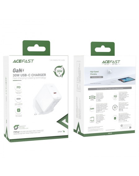 Acefast GaN wall charger (UK plug) USB Type C 30W, Power Delivery, PPS, Q3 3.0, AFC, FCP white (A24 UK white)