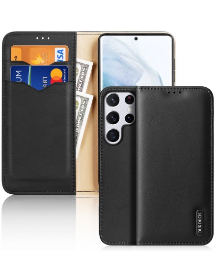 Dux Ducis Hivo Leather Flip Cover Genuine Leather Wallet For Cards And Documents Samsung Galaxy S22 Ultra Black