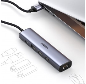 Ugreen multifunctional adapter HUB USB 3.0 - 3 x USB / Ethernet RJ-45 / USB Type C PD gray (CM475)