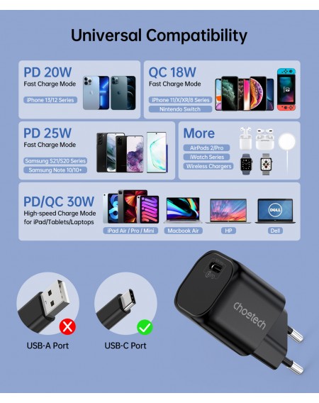 Choetech GaN USB charger Type C PD 30W black (PD5007)