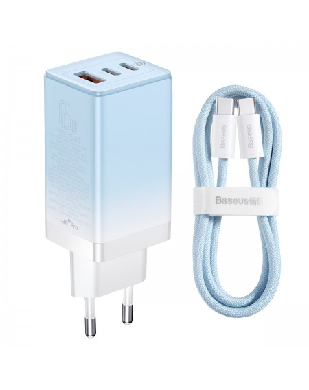 Baseus fast GaN charger 2 x USB Type C / USB 65W QC PD blue (CCGP050103) + USB Type C fast charging cable 100W 1m blue