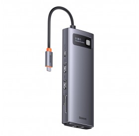 Baseus Metal Gleam Series Docking Station HUB 9 in 1 USB Type C - 2 x HDMI / 2 x USB 3.2 Gen. 1/1 x USB 2.0 / 1 x Power Delivery / 1 x SD card reader / 1 x TF card reader / 1 x RJ-45 gray (WKWG060013)