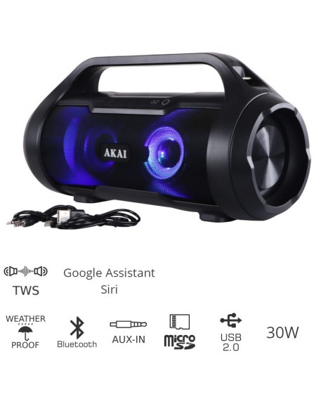 Akai ABTS-50 Αδιάβροχο φορητό ηχείο Bluetooth με TWS, USB, LED, micro SD και Aux-In – 30 W