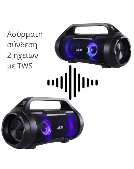 Akai ABTS-50 Αδιάβροχο φορητό ηχείο Bluetooth με TWS, USB, LED, micro SD και Aux-In – 30 W