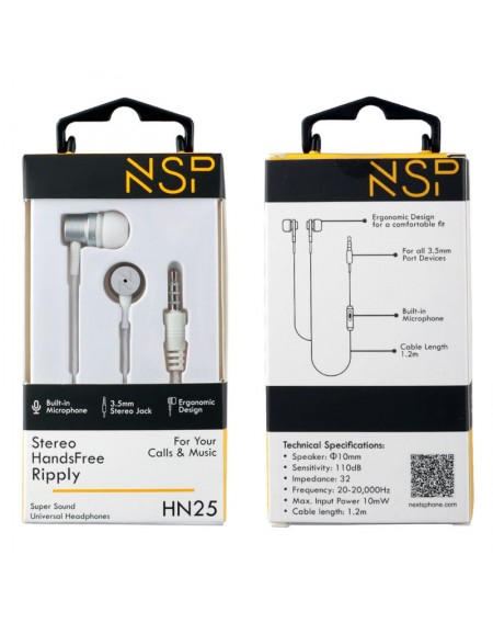 NSP HN25 White In ear ακουστικά ψείρες Hands Free