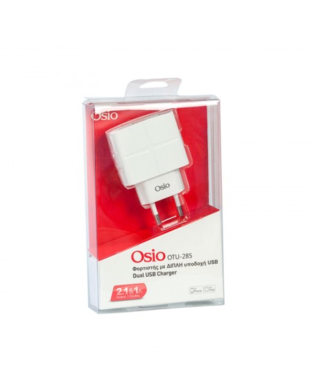 Osio OTU-285W Λευκό Διπλός φορτιστής ρεύματος με 2 USB 5 V 1000 / 2100 mA